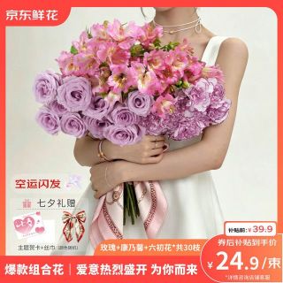 京东鲜花 七夕情人节玫瑰10枝+康乃馨10枝+六初花10枝 18-19收花