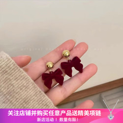 洛梵欣饰 圣诞红色植绒蝴蝶结耳环女耳针适合过年的喜庆耳饰感 红色