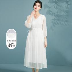 金菊 经典纯色V领仙女风双层女式连衣裙夏