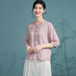 金菊 桑蚕丝新中式衬衫女立领五分袖透气薄款T恤通勤百搭衬衫女夏