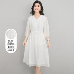 金菊 百搭双层翻领纯色蕾丝拼接女式连衣裙夏