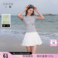 三彩 2026夏季新款蝴蝶结印花T恤短款修身套头小个子上衣F 花灰色 L 165/88A