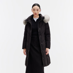 千仞岗 冬季长款羽绒服连帽狐狸毛领女士外套百搭休闲时尚潮流保暖防寒服 魔力黑 S (160)