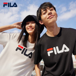 FILA 官方情侣短袖T恤男女装夏经典LOGO圆领运动套头衫纯棉宽松上衣 缟玛瑙黑-BK S
