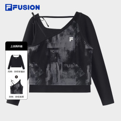 FILA FUSION潮牌女子上衣两件套冬季新款时尚修身吊带长T 正黑色-BK S