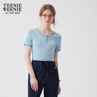TEENIE WEENIE 小熊女装T恤夏季潮流时尚撞色条纹圆领短袖 浅蓝色