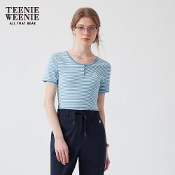 TEENIE WEENIE 小熊女装T恤夏季潮流时尚撞色条纹圆领短袖 浅蓝色