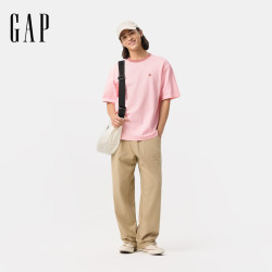 Gap 纯棉小熊刺绣撞色圆领短袖  淡粉色