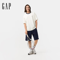 Gap 纯棉小熊刺绣撞色圆领短袖 白色