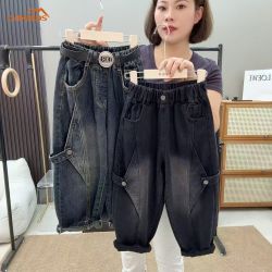 CAMKIDS 中大童春款男女童秋季纽扣拼接长裤飘带工装牛仔裤宽松裤子潮