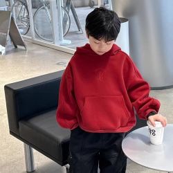 麦科贝尔 男女童连帽加绒卫衣休闲秋冬新款喜庆红冬装中大童保暖加厚上衣潮
