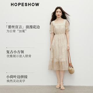 红袖 蕾丝小荷叶边泡泡袖碎花雪纺连衣裙 驼花 M