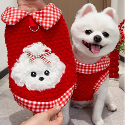 秋冬新年加绒宠物猫咪狗狗过年衣服用品牵引带红格子泰迪比熊橘猫