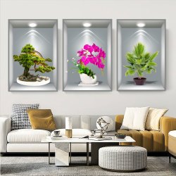 植物花卉三联画3D效果盆栽贴画装饰画餐厅壁画自粘画