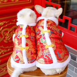 网红款新年装法斗龙袍狗狗猫咪秋冬恭喜发财宠物两脚衣服用品泰迪
