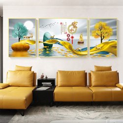 客厅三联画沙发背景墙晶瓷画装饰画家和富贵发财树现代
