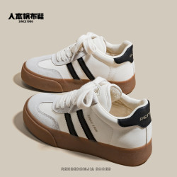 人本 冬季加绒德训鞋女2025新款爆款女鞋复古百搭保暖皮面厚底板鞋