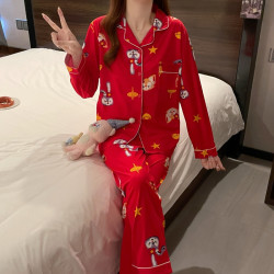 新款大红色结婚女士可外穿长袖简约休闲宽松大码家居服棉睡衣套装