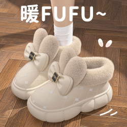 十一步 蝴蝶结PU防水棉拖鞋女居家防滑外穿毛毛绒加绒保暖冬天棉鞋