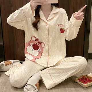 睡衣女春秋长袖薄款甜美可爱宽松卡通草莓熊开衫可外穿家居服套装
