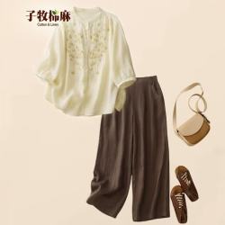 子牧棉麻 1568 复古休闲两件套 杏色上衣+咖色阔腿裤 M 女士套装
