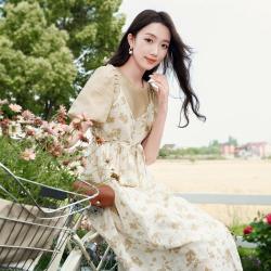 香影 假两件吊带拼接连衣裙甜美系带泡泡袖碎花裙子