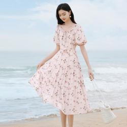 香影 夏装碎花连衣裙女收腰法式泡泡袖度假风海边裙子