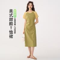 秋水伊人 抽褶撞色插肩连衣裙气质收腰开叉短袖T恤裙