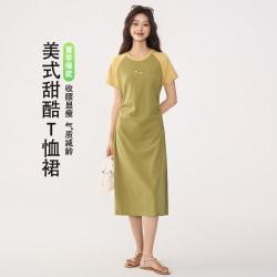 秋水伊人 抽褶撞色插肩连衣裙气质收腰开叉短袖T恤裙
