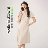 秋水伊人 不规则棉质亲肤连衣裙夏季侧压褶收腰中长裙女