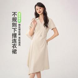 秋水伊人 不规则棉质亲肤连衣裙夏季侧压褶收腰中长裙女