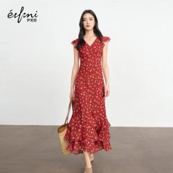伊芙丽 秦岚代言伊芙丽法式碎花显白蛋糕鱼尾裙摆斜丝连衣裙26夏季新品