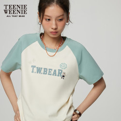 TEENIE WEENIE 小熊女装圆领T恤夏季简约时尚撞色插肩袖短袖 乳白色
