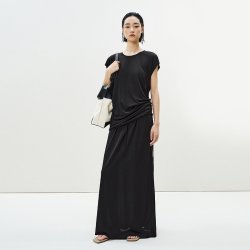 LESS 夏季桑蚕真丝T恤女一字领抽褶软垂气质显瘦包袖上衣2P4110140