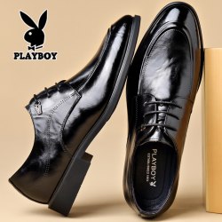 PLAYBOY 皮鞋男真皮透气商务正装尖头黑色内增高结婚新郎大码休闲