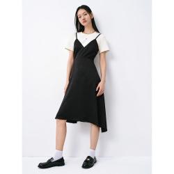 太平鸟 夏撞色拼接长裙设计感圆领连衣裙女
