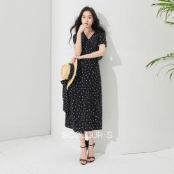 三彩 波点连衣裙法式V领收腰A字裙长裙高级感S