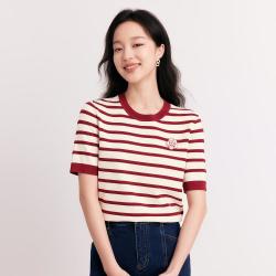 Koradior 条纹针织衫女夏季短袖气质白色t恤上衣女