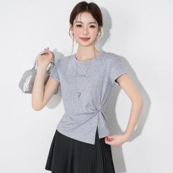 班尼路 侧边扭结不规则开叉设计感短袖女夏季圆领洋气正肩显瘦短款T恤女