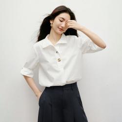 红袖 周也代言红袖春秋季女装异形金属扣捏褶半开襟落肩翻领套头上衣
