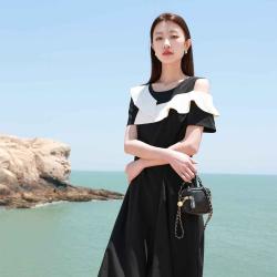 三彩 夏季圆领短袖连衣裙设计感大码女装高级感裙子