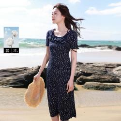 三彩 26夏款藏青碎花连衣裙收腰包臀显瘦胖MM大码
