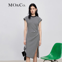 MO&Co. 条纹不对称连衣裙飞袖立裁开叉镂空连衣裙女摩安珂 黑白条色-第2批 L 170
