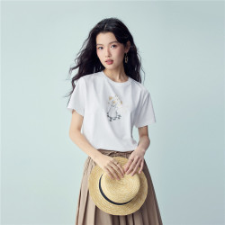 佐丹奴 短袖T恤女装新款纯棉田园风花瓶印花圆领休闲上衣13326301