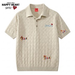 CHARLES JANG'S HAPPY HEART 绞花针织短袖Polo衫男女夏季新款腊肠小狗休闲宽松上衣