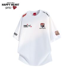 CHARLES JANG'S HAPPY HEART 美式纯棉徽章印花短袖T恤男女同款圆领宽松潮牌上衣