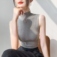 移动端：歌倍尚 半高领无袖背心女羊毛打底衫灰色西装内搭坎肩修身显瘦中领针织衫