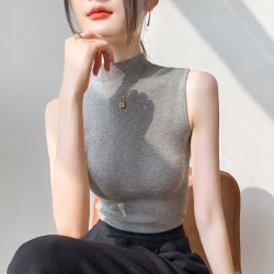 歌倍尚 半高领无袖背心女羊毛打底衫灰色西装内搭坎肩修身显瘦中领针织衫