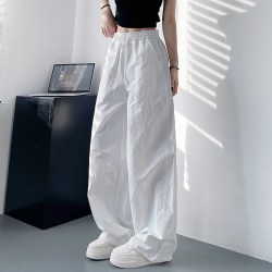 蜜略 白色不透速干裤女夏季轻薄显瘦遮肉阔腿裤胖mm高腰褶皱运动工装裤