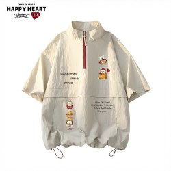 CHARLES JANG'S HAPPY HEART 速干透气短袖上衣男女夏季立领半开襟宽松百搭休闲T恤
